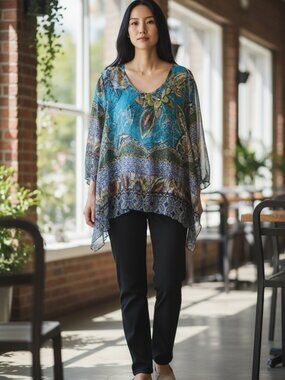 BOHO Multiples size L Sheer mesh top multi colored flowy blouse